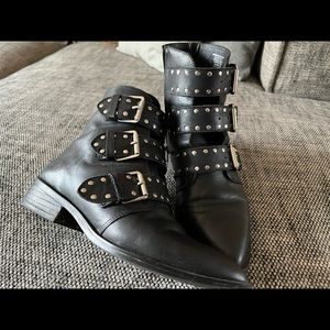 Steven Harmon leather ankle boot with triple straps.